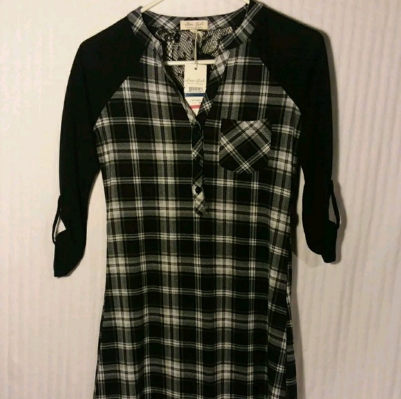 $39 Ultra Flirt XXS Plaid Tab Sleeve Tunic Henley - Picture 2 of 4